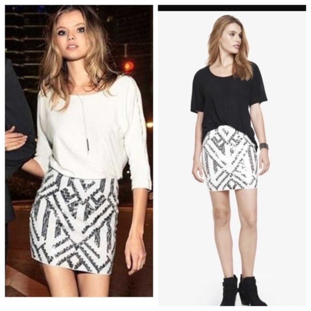 Express Sexy White and Silver Sequin Aztec Lined Mini Party Skirt Womens‎ XS